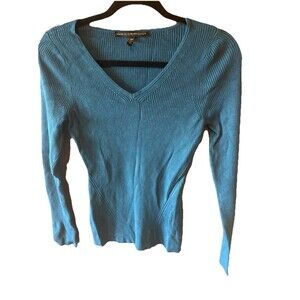 White House Black Market Womens Medium petite Teal Knit Vneck Pullover Top